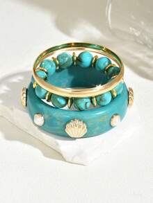 3pcs Bohemian Style Shell & Faux Pearl Ombre Resin 3-Layer Stacking Bracelet Set, Suitable For Women's Daily, Vacation, Casual, Party Wear, Jewelry Gift, Random Color - Multicolor - View 7