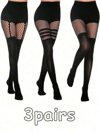 3 Pairs Sexy Hollow Pantyhose, Hollow Suspender Fishnet Stockings, Nightclub Stockings (Fits 0XL-2XL, Up To 135lbs)