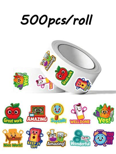 500pcs/Roll Student Reward Stickers, Bulk Motivational Stickers, Designed With Cheerful Learning Supplies, Suitable For Classroom Incentive System, Motivating Teachers And Parents To Boost Students' Effort And Confidence, Cartoon Vinyl Sticker Rolls, Essential For Back To School Season