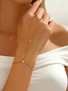 1pc Heart Pendant Gold Finger Chain Bracelet, Inlaid With Shiny Cubic Zirconia, Elegant Beaded Bracelet, Waterproof Accessory, Suitable For Women's Daily Wear Or As A Gift - Gold - View 2