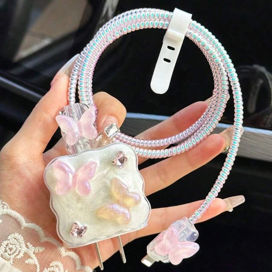 5pcs 3D Crystal Cartoon Butterfly Charging Accessory Set, 20W/18W Charger, Charging Cable, Charger Head, Protective Case, Compatible With IPhone Charger Cable & Charger Protector - Multicolor - View 1