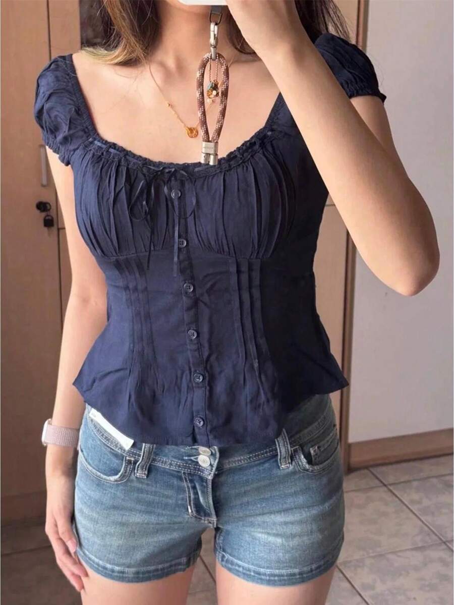 Women Summer Short Sleeve Tops Square Neck Button Down Ruffle Hem Shirts Y2K Going Out Babydoll Blouse - 藍色 - 查看 1