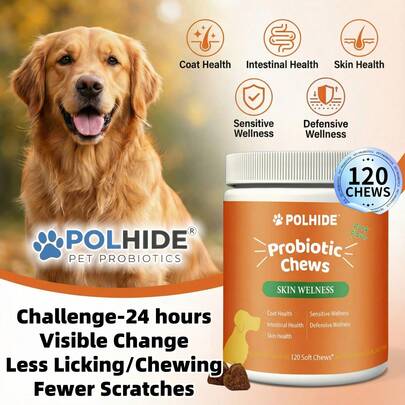 POLHIDE [90 Day Supply]120 Chews Yeast Probiotic For Dogs - Meat Flavor Soft Chews,Coat And Intestinal Health,Sensitive And Defensive Wellness,All Ages Suitable