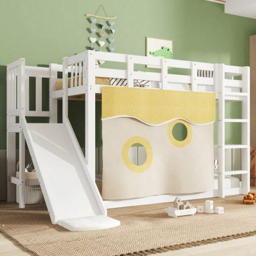 Wooden Bunk Bed With Ladder And Railing, With Curtain, Slide, Fall Protection And Railing, MDF+Pine, White, 90x200cm - 白色 - 查看 1