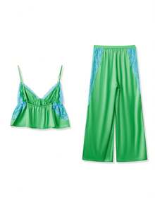Women's Pajama Sets Lace Patchwork Spaghetti Strap Ruffled Cami Tops With Loose Pants 2Pcs Soft Sleepwear - Green - View 2