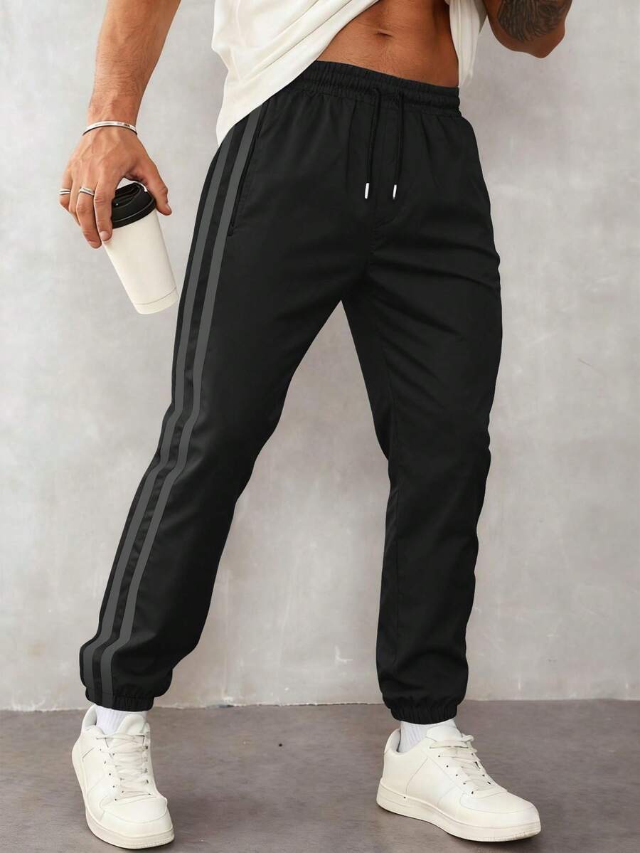 1 件男士户外运动裤，休闲宽松轻便训练长裤，适合跑步、徒步旅行、日常通勤、夏季海滩，多功能条纹及踝慢跑裤 - 深灰色 - 查看 1