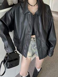 Chaqueta para mujer Chaqueta retro de cuero marrón para mujer - Estilo corto para primavera/otoño Chaqueta de cuero holgada estilo coreano para mujeres bajitas Chaqueta motera elegante con cremallera, cuello vuelto, botones y bolsillos Chaqueta de cuero informal y desenfadada de corte holgado - Negro - Ver 1