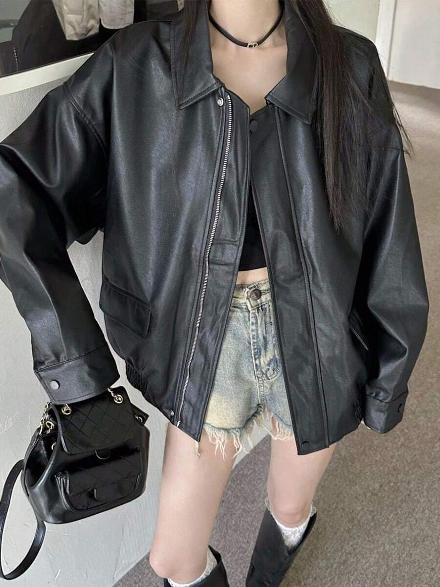 Chaqueta para mujer Chaqueta retro de cuero marrón para mujer - Estilo corto para primavera/otoño Chaqueta de cuero holgada estilo coreano para mujeres bajitas Chaqueta motera elegante con cremallera, cuello vuelto, botones y bolsillos Chaqueta de cuero informal y desenfadada de corte holgado - Negro - Ver 1