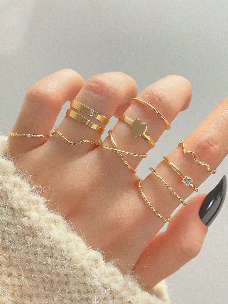Set de 9 anillos elegantes y de moda con diseños geométricos de círculos, corazones y cristales de strass trenzados - Multicolor - Ver 1