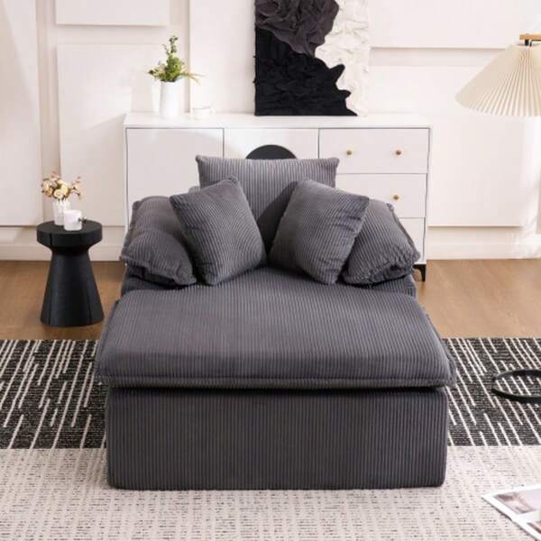 Rozkładana sofa bez ramy o wysokości 46 cm, przeznaczona do użytku wewnątrz pomieszczeń. Wygodniejszy fotel do czytania z szerokimi podłokietnikami, który nie wymaga montażu.