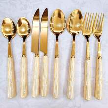 8/20pcs Golden Unique Stainless Steel Tableware, Beautiful Silverware Old-Fashioned Elegant Colorful Ceramic Handle Steak Knife, Dessert Spoon, Fork And Spoon - Multi-Color Creative Tableware Porcelain, Perfect For Daily Dining And Holiday Gatherings