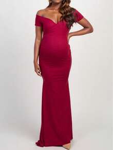 Maternity V-Neck Solid Knit Formal Dress, Suitable For Evening Party, Wedding, Photo Shoot, Spring/Summer - Red - View 6