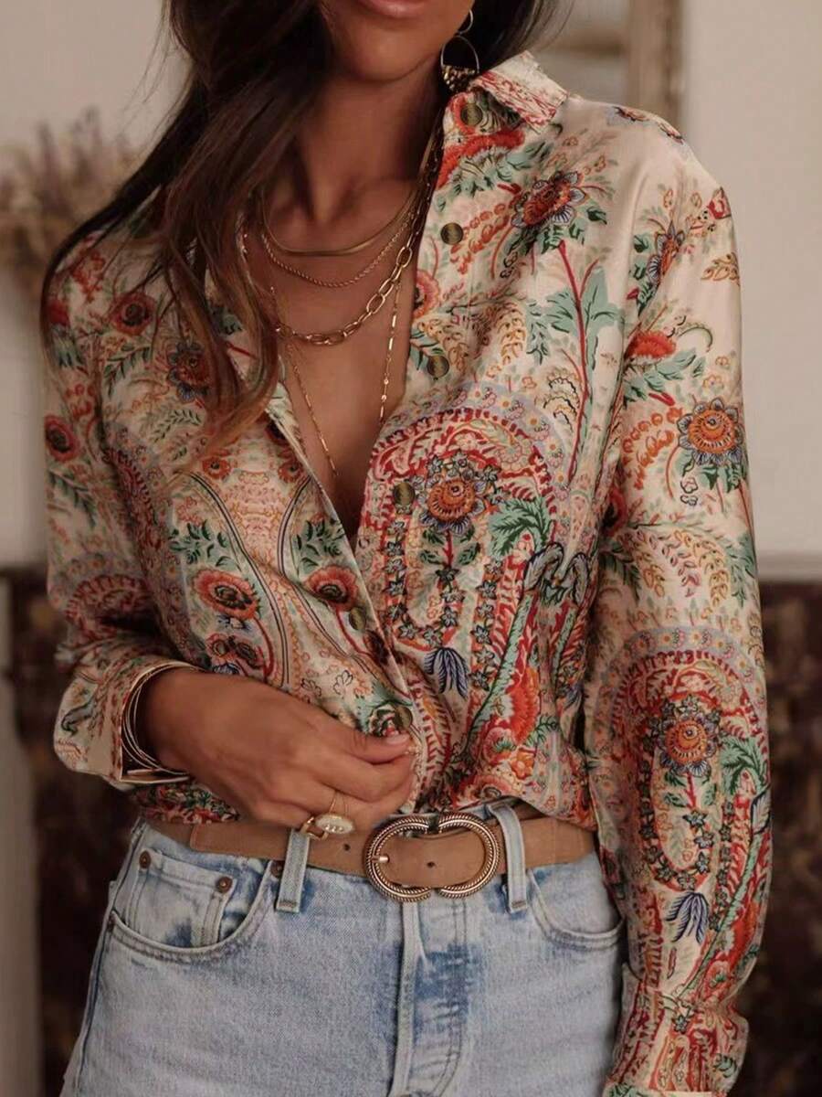 Spring And Summer New Women's Tops, Full-Body Printed Casual And Fashionable Flower Blouses, Front-Buttoned Vacation Style Lapel Long-Sleeved Shirts. - Multicolor - View 1