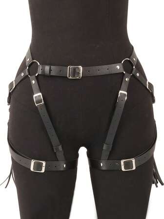 1個 セクシーなガーターPUレザーボンデージベルト、ゴシックスタイルのバックル付き女性用ウエストベルト、ガーターとふともも用ストラップ付き、デイリーウェアやクリスマス、バレンタインデー、音楽フェスなどのお祝いの際のお土産にも適しています