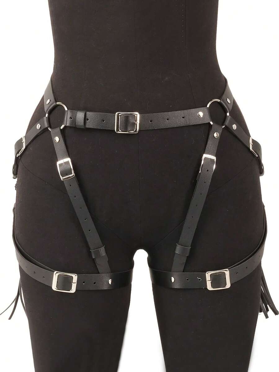 1件性感PU皮革束缚带，哥特风格，带扣腰带，包含吊袜带和大腿绑带，适合日常穿着，也可作为圣诞节、情人节、音乐节等节日送给女友的礼物。 - 黑色 - 查看 1