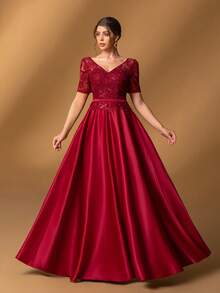 Faeriesty Đầm dạ hội Mosy thanh lịch cổ chữ V tay ngắn dáng chữ A dành cho mẹ cô dâu, thích hợp cho các đám cưới trang trọng, dạ tiệc sang trọng, tiệc chiêu đãi lớn, tiệc tối, các nghi lễ cao cấp, trang phục đón năm mới mùa xuân. - Đỏ - Xem 7