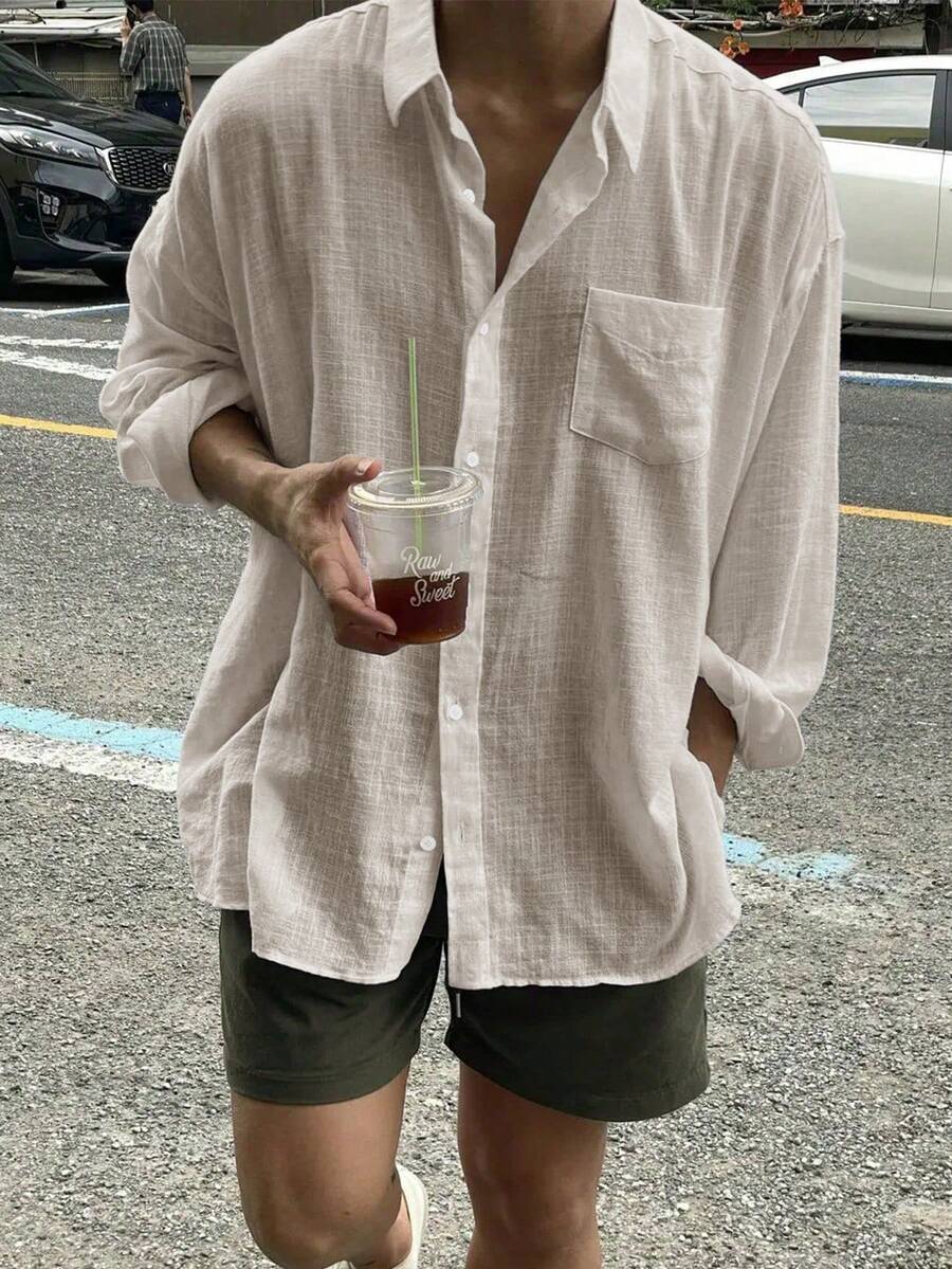 Men's Casual Loose Fit Long Sleeve Solid Color Button-Up Linen Shirt - Light Grey - View 1