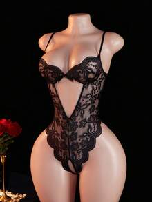 1pc Women's Sexy Backless Lace Trim Bodysuit, Sheer Bow Accent, All-In-One Design, Suitable For Loungewear Or Private Parties, Lingerie - Black - View 4