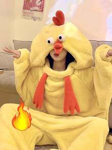 冬季女士连帽天鹅绒浴袍睡衣家居服，保暖天鹅绒珊瑚绒面料，趣味卡通动物图案，柔软聚酯纤维，简约睡衣，穿着舒适透气，适合冬季，保暖，万圣节礼物，主题派对，睡衣派对 - 黃色 - 查看 8