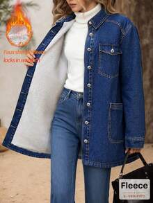 女士藏蓝色抓绒牛仔外套 - 休闲复古长袖纽扣前襟外套，时尚百搭，适合日常通勤和街头穿着 - 深色 - 查看 1