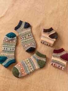 5双装条纹袜，复古保暖中筒袜，女士长袜，秋冬款