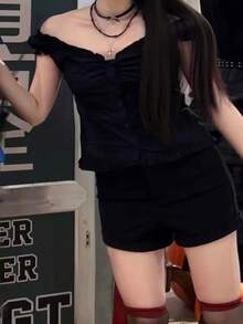 Women's Button Down Lace Top V Neck Ruffled Sexy Low Cut Babydoll Top Cute Slim Fit Casual Work Blouse - 藏青色 - 查看 4