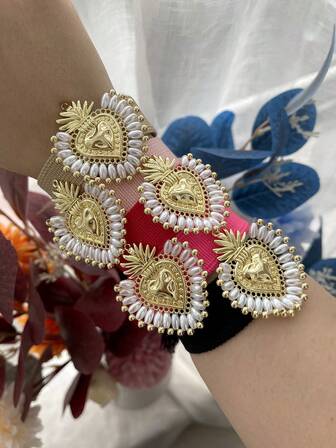 1pc Bohemian Style Elegant Exquisite Copper Heart-Shaped Faux Pearl Braided Tassel Bracelet, Suitable For Women, Sisters, Couples As Jewelry Gift, Also Suitable For Daily Dates, Parties, Holidays, Vacations, Adjustable Size