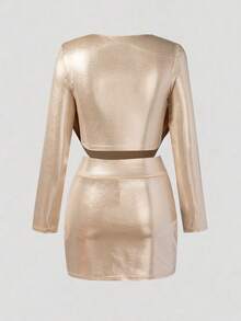 2pcs Women's Metallic Gold Turtleneck Long Sleeve Top And Asymmetric Hem Skirt Set, Suitable For Dates, Parties, Street Style, Versatile Fashion