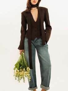 1 Áo khoác vải dệt trơn màu cài nút thường ngày/công sở cho nữ, Xuân/Thu - màu nâu - Xem 3