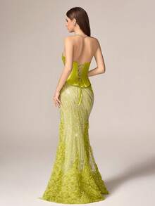 VIPGIRL Đầm dạ hội cúp ngực màu xanh lá chanh sang trọng, thanh lịch - Thiết kế đuôi cá với lưới đính sequin tương phản, viền bèo nhún bằng vải dệt, kiểu dáng ôm sát không tay | Thích hợp cho các bữa tối trang trọng, sự kiện thảm đỏ, dạ hội tốt nghiệp, tiệc cưới và nhiều dịp khác. - màu xanh lá - Xem 3