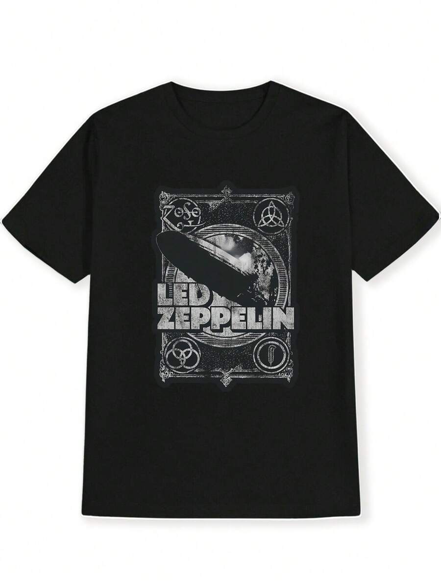 Men'S  Graphic T-Shirt - Vintage Rock Logo & Album Art Print, Casual Round Neck Short Sleeve Tee For Concerts, Concert Outfit, Music Lover Apparel, Comfortable Fit, Music Enthusiasts - Black - View 1
