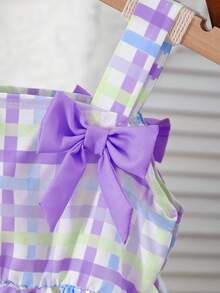 1pc Girls Casual Striped Print Pattern + 3D Bow Decor Strap Dress, Outdoor Spring/Summer - Multicolor - View 3