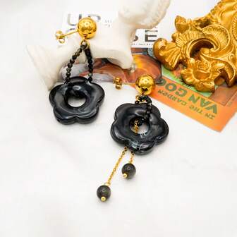 18K镀金复古Miradar时尚个性化设计耳环，不锈钢圆珠树脂花朵吊坠耳环，适合女性日常佩戴或参加派对活动