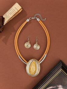 夸张多层手工编织重铝丝蜡线波西米亚欧美中东韩风晚宴假日女士蜡线树脂几何项链耳环 - 白色 - 查看 7