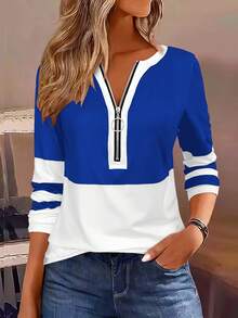 [Elegant Tee] Stylish Black And White Long Sleeve-Shirt |   Women's Color Block Tee With Zipper Detail - Casual Yet Elegant, Spring And Fall - 白色 - 查看 8