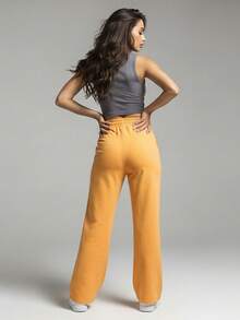 Comfortable Women's Wide-Leg Sweatpants, Soft, Structured Fit, Casual, Basic, Plain, With A Faux Drawstring. - Mustard Yellow - View 2