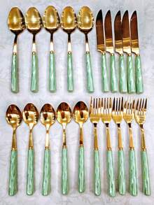 8/20pcs Golden Unique Stainless Steel Tableware, Beautiful Silverware Old-Fashioned Elegant Colorful Ceramic Handle Steak Knife, Dessert Spoon, Fork And Spoon - Multi-Color Creative Tableware Porcelain, Perfect For Daily Dining And Holiday Gatherings