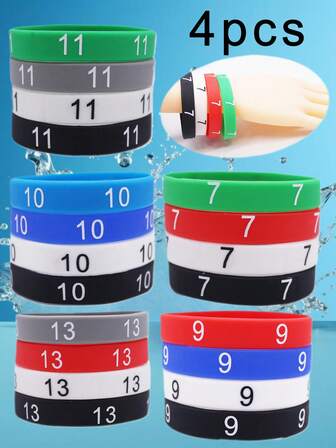 4条带纹理的硅胶腕带，分别印有数字7、9、10、11、13，颜色有黑色、白色、灰色、红色、绿色、蓝色可选，适合日常佩戴和送礼。