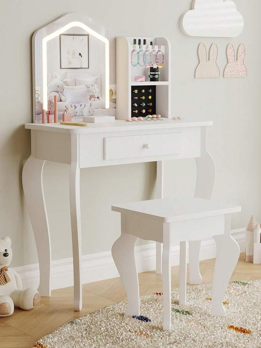 Niños vanidad con espejo iluminado y organizador de joyería de 2 niveles, mesa y silla de vanidad para niños pequeños, juego de maquillaje para niñas - Blanco - Ver 1