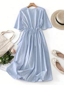 Damen Vintage besticktes Kleid mit weitem Taillenzug, Frühling/Sommer elegant - Babyblau - Übersicht 10