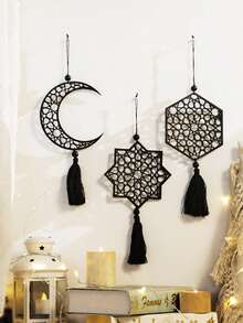 1/3 chiếc đồ trang trí hình trăng lưỡi liềm và sao màu đen, thiết kế rỗng nhẹ với tua rua mềm mại, phong cách Boho hiện đại, tác phẩm nghệ thuật hình trăng lưỡi liềm và sao, thích hợp để trang trí tường nhà, cửa sổ/cửa ra vào, tiệc tùng, phòng khách và phòng ngủ ấm cúng. - Gỗ đen - Xem 2
