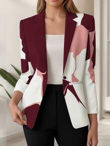 HOMEYEE 复古优雅休闲印花西装外套，适合春、夏、秋、冬四季穿着，商务、办公、度假皆宜。 - 酒紅色 - 查看 2