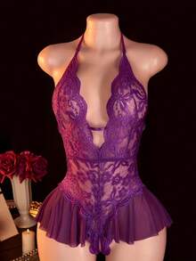 1pc Women's Sexy Lingerie, Purple Lace Mesh See-Through Crotchless Bodysuit