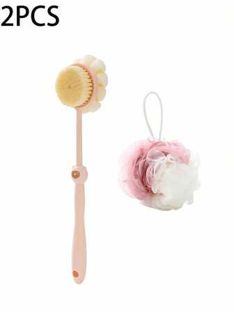 2-delat set innehåller 1 duschborste + 1 duschluffa, multifunktionell rosa duschborste med mjuka borst och exfolierande skrubb, tvåfärgad lödderrik duschluffa, stor badsvamp