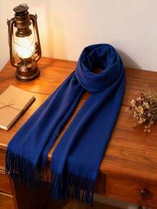1pc Fashionable Solid Color Warm Wool Scarf, Unisex Casual Cold-Proof Tasseled Shawl For Couples, Everyday Wear, Autumn/Winter - Navy Blue - View 3