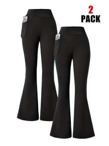 EBIOSVE Women's Flared Yoga Pants In Black | High-Waisted Tummy Control With Side Pockets | Lightweight & Stretchy For Spring & Fall - 2pcs(black) - 查看 1