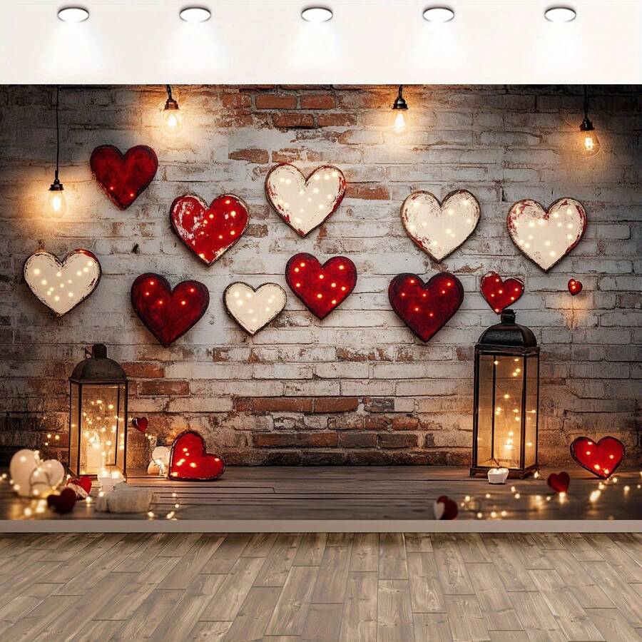 1pc Romantic Valentine's Day Polyester Backdrop - Heart Design With Vintage Lanterns, Suitable For Housewarming, Anniversary, General Celebration - Multicolor - View 1
