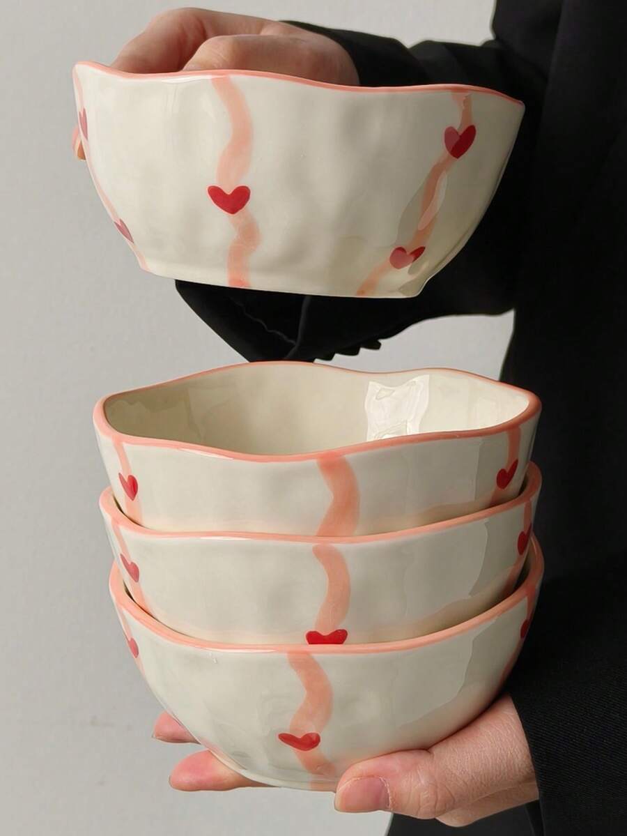 Cabin Kangaroo 1pc/2pcs/4pcs Set Asymmetrical Ceramic Bowl Set | 3D Heart Print Rustic Style Ceramic Bowl | Cute Pink Rim Snack/Salad Bowl, Suitable For Tabletop Decor And Daily Use - Multicolor - View 1