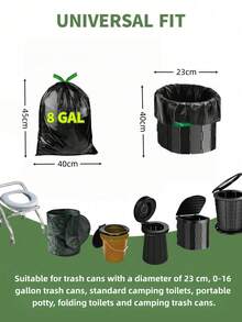 露营厕所袋和粪便凝胶套装。高品质便携式厕所袋内含露营厕所凝胶，可堆肥，适用于便携式厕所、露营、户外徒步、应急厕所、户外宠物狗粪便和尿液的卫生处理，宠物粪便凝胶硬化剂。8加仑垃圾袋适用于直径最大23厘米的垃圾桶。