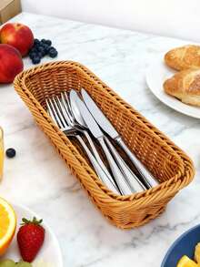 1pc Rectangular Rattan Cutlery Basket, Dual Color Options - Rattan Woven Utensil Storage Box For Kitchen Countertop And Drawers | Suitable For Tableware, Knives, Forks, Spoons Woven Storage Basket | Farmhouse Style Kitchen Organizer